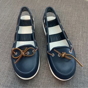 CROCS Women's Beach Line Boat Shoes Blue White Slip on Comfort